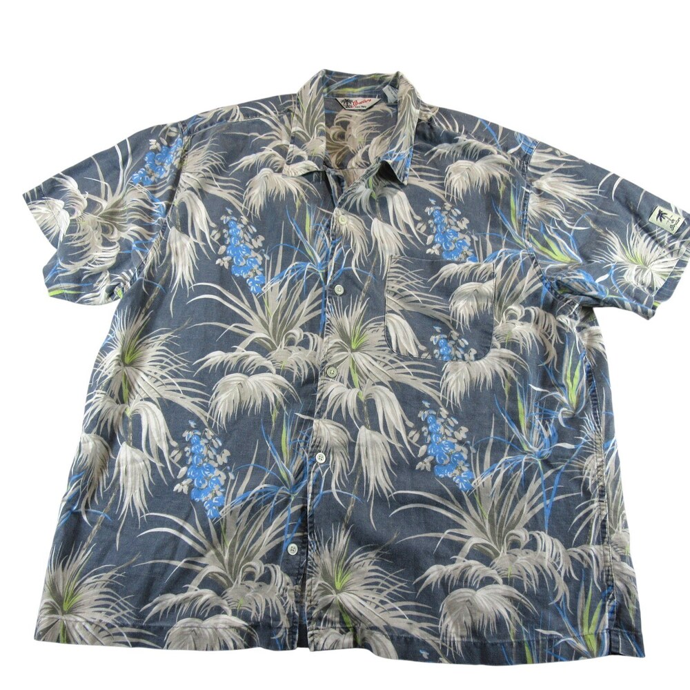 Vintage Structure Mens Shirt XL Blue Floral Linen Cotton Loop Collar Camp Resort - Picture 2 of 9